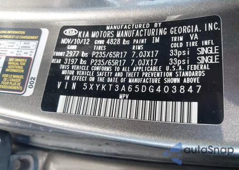 2013 Kia Sorento Lx from USA, damaged, VIN 5XYKT3A65DG403847
